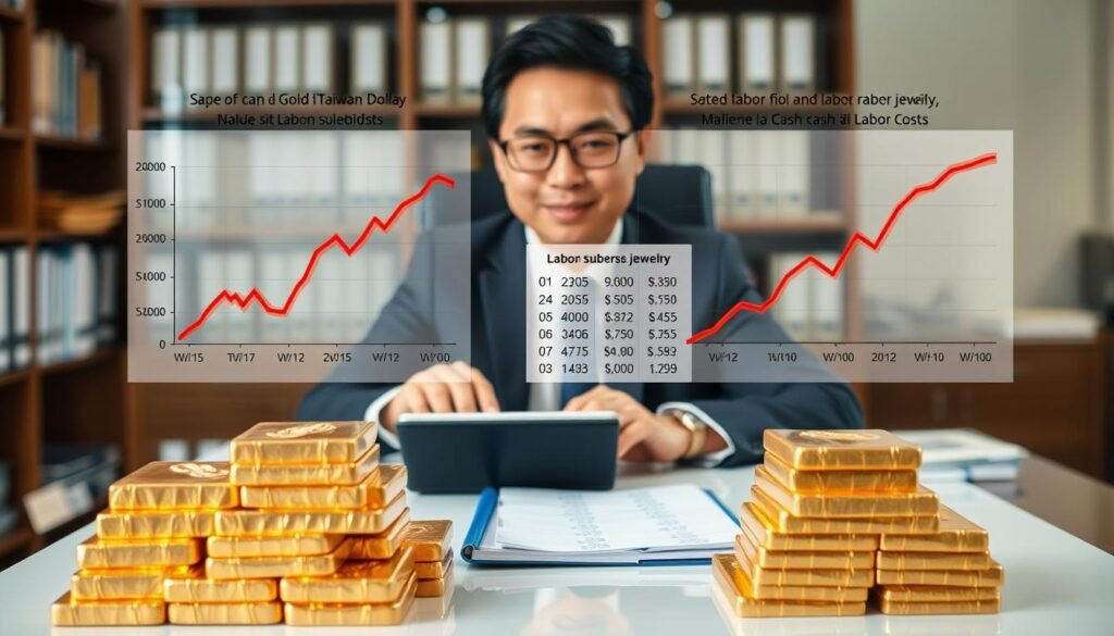 A professional financial advisor, dressed in business attire, is seated at a sleek, modern desk surrounded by graphs and charts depicting the relationship between the value of gold in Taiwan Dollars and labor subsidies for jewelry. In the foreground, stacks of gleaming gold pieces are neatly arranged, glimmering under soft, warm lighting that highlights their texture. In the middle, a large calculator and a notepad filled with figures illustrate the meticulous calculations involved in trading gold for cash and labor costs. The background reveals a blurred office environment with shelves of financial reference books. The mood is serious yet optimistic, conveying the importance and professionalism of making informed decisions in the context of wedding expenditures. A professional financial advisor, dressed in business attire, is seated at a sleek, modern desk surrounded by graphs and charts depicting the relationship between the value of gold in Taiwan Dollars and labor subsidies for jewelry. In the foreground, stacks of gleaming gold pieces are neatly arranged, glimmering under soft, warm lighting that highlights their texture. In the middle, a large calculator and a notepad filled with figures illustrate the meticulous calculations involved in trading gold for cash and labor costs. The background reveals a blurred office environment with shelves of financial reference books. The mood is serious yet optimistic, conveying the importance and professionalism of making informed decisions in the context of wedding expenditures.
