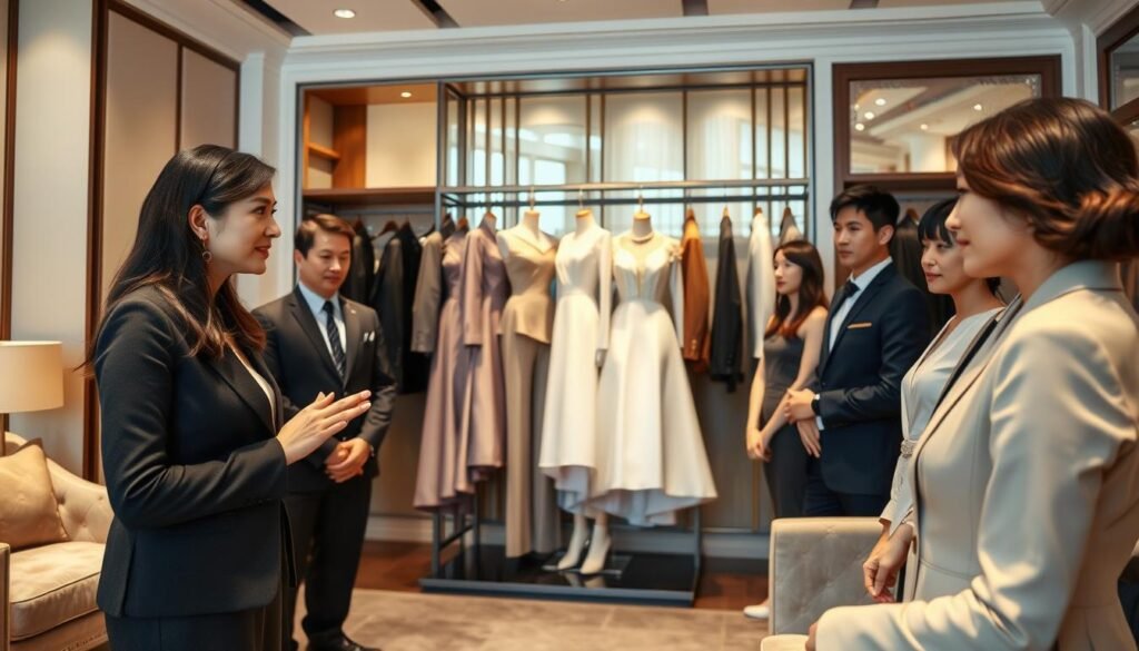 A professional training session inside a high-end Taipei formal wear store. In the foreground, an experienced female manager, dressed in elegant business attire, is guiding a diverse group of well-dressed trainees, engaging them with gestures. The middle features a stylishly arranged display of luxurious gowns and suits, emphasizing sophistication. Soft, warm lighting enhances the refined atmosphere, casting gentle shadows. The background showcases tasteful decor with plush furnishings, adding to the upscale vibe. The mood is focused yet comfortable, highlighting the importance of mature communication skills in resolving customer interactions delicately. The scene captures a blend of professionalism and warmth, embodying the spirit of successful conflict resolution in a formal setting.