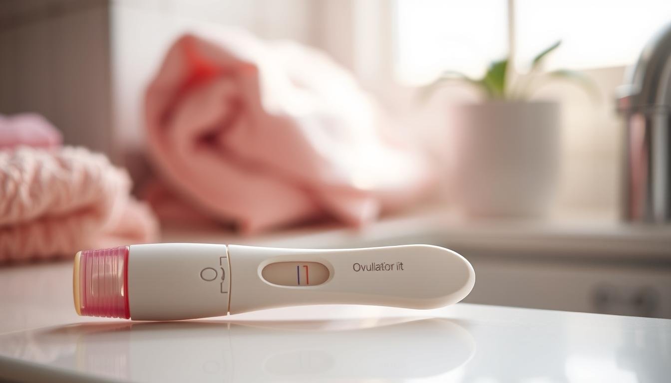 A close-up view of an ovulation test kit, prominently displayed in the foreground, showcasing its distinctive features such as two clearly defined windows indicating positive and negative results. The device is gently resting on a sleek surface, possibly a bathroom counter, with a soft-focus background of pastel-colored towels and a subtle hint of a potted plant, suggesting a serene and inviting space. The lighting is soft and natural, creating a warm atmosphere, while a shallow depth of field draws attention to the test kit and blurs the background. The overall mood is calm and hopeful, emphasizing the theme of preparing for conception.