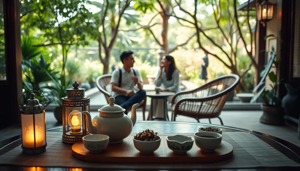 A cozy tea setup in a serene garden café in Taichung, Taiwan, capturing the essence of a relaxing tea experience. In the foreground, a beautifully arranged table features a traditional Taiwanese tea set with delicate porcelain cups, a teapot, and a variety of colorful tea leaves. A softly glowing lantern illuminates the scene. In the middle, a couple sits comfortably on woven chairs, dressed in modest, casual clothing, engaged in joyful conversation while savoring their tea. The background shows lush greenery, gentle sunlight filtering through the leaves, and a tranquil water feature that enhances the peaceful atmosphere. The lighting is warm and inviting, creating a cinematic vibe that evokes intimacy and relaxation. 4:3 aspect ratio.