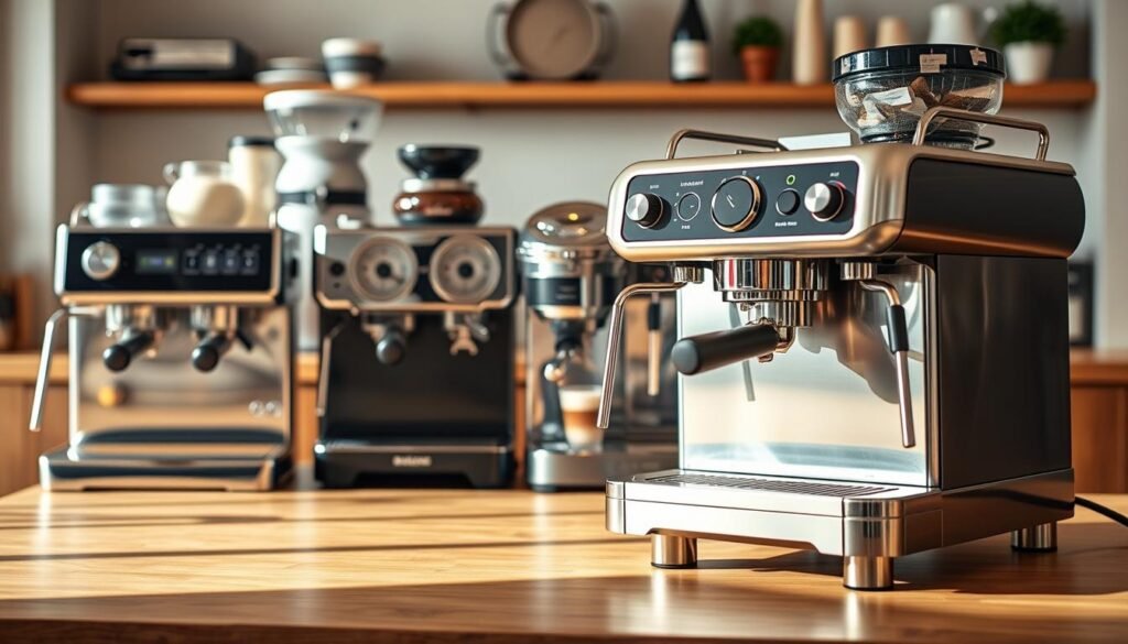 A detailed comparison scene showcasing a La Marzocco espresso machine juxtaposed with various other brands of coffee machines. In the foreground, the sleek, stainless steel body of the La Marzocco machine stands out, highlighted under soft, warm lighting that emphasizes its polished curves and distinctive features like dual boilers and a PID controller. In the middle ground, there are several competing coffee machines displayed, each showcasing unique designs and functionalities, yet clearly secondary to the La Marzocco. The background features a stylish, modern kitchen environment with a wooden countertop and coffee accessories, maintaining a cozy and inviting atmosphere. The perspective is slightly angled from above, capturing the essence of a professional coffee setup, perfect for enthusiasts.