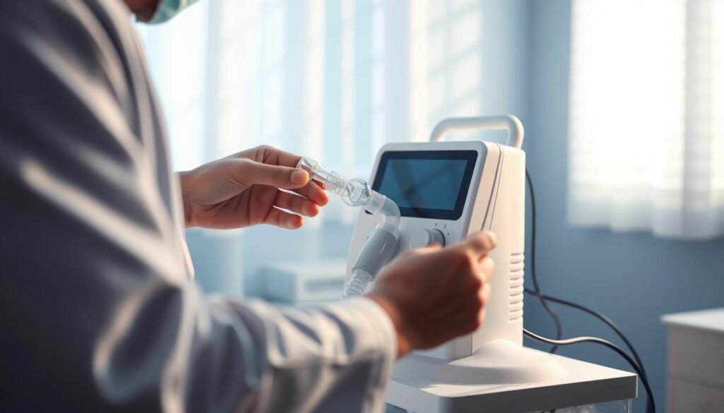 A focused and detailed illustration of a healthcare professional examining a sleep apnea machine connection for air leaks. In the foreground, the professional, wearing a white lab coat, examines a CPAP machine and its tubing using a bubble test technique, demonstrating careful attention. In the middle ground, the CPAP machine is clearly visible, showcasing its connections, with light reflecting off its surface, emphasizing cleanliness and precision. The background features a softly lit medical examination room with calming blue and white tones, enhancing a professional atmosphere. Soft shadows are cast for depth, and the focus is sharp on the machine and the technician. The overall mood is reassuring and clinical, emphasizing the importance of proper maintenance for sleep breathing devices.