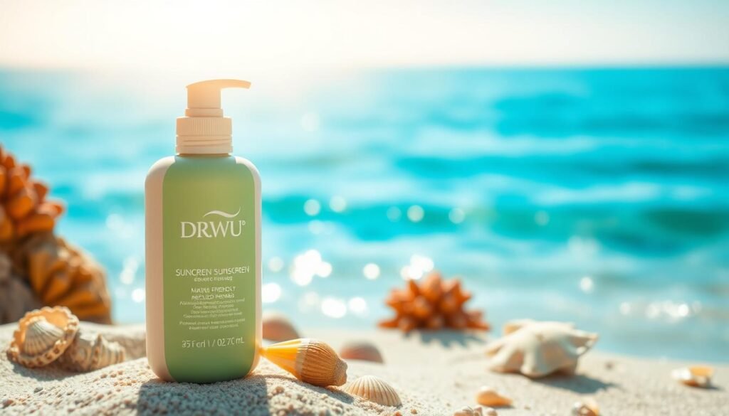 A stylish and eco-friendly bottle of DR.WU sunscreen prominently displayed in the foreground, showcasing its unique packaging design made from recycled materials. The bottle should have soft, natural colors such as green and beige to reflect its environmentally friendly stance. In the middle ground, a serene beach atmosphere with gentle waves, corals, and seashells illustrating the marine-friendly aspect of the product. The background features a clear blue sky with soft, warm sunlight filtering through, creating a bright and inviting ambiance. The composition captures the essence of skincare and environmental protection, evoking a sense of harmony between personal care and ocean conservation. Ensure a fresh and clean look, highlighting the product's commitment to sustainability without any text or branding overlays.