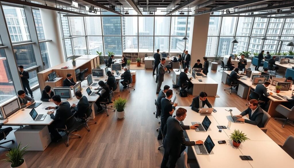 A bustling office space in Wan Chai, showcasing a variety of available rentals suitable for startups and multinational companies. In the foreground, a spacious, modern open office area filled with professionals in smart business attire, actively collaborating at sleek, minimalist desks with laptops and plants around. The middle ground features diverse office designs, including glass-walled meeting rooms and lounges, creating an atmosphere of innovation. The background depicts iconic Wan Chai architecture, capturing both traditional and contemporary styles, with vibrant city life outside the large windows. Soft, natural lighting filters through, casting a warm glow and enhancing the professional ambiance. The overall mood is dynamic and energetic, reflecting the thriving business environment of Wan Chai.