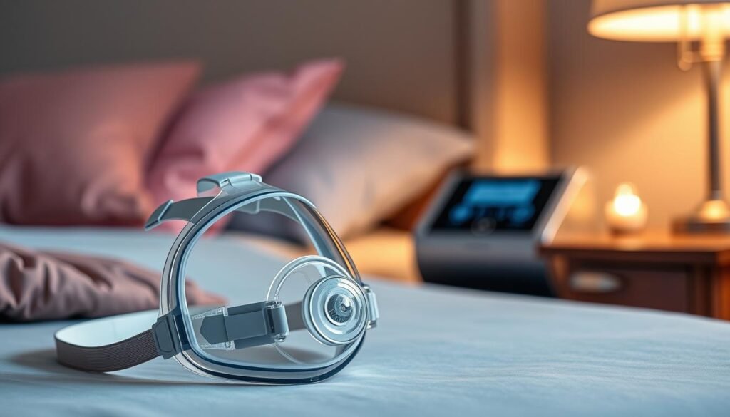 A detailed, high-quality image of a sleep apnea mask designed for use with a sleep breathing machine. In the foreground, showcase the mask prominently with soft, adjustable straps and cushioned edges to emphasize comfort. The mask should be transparent, allowing a glimpse of the internal components. In the middle ground, place a bedside table with a sleek, modern sleep machine displaying buttons and a digital screen, surrounded by a serene bedroom environment that includes soft, ambient lighting. The background should feature a tastefully decorated room with calming colors, perhaps a nightstand lamp casting a warm glow, creating a tranquil atmosphere. The overall mood is soothing and professional, aimed at illustrating the importance of selecting the right mask for optimal sleep therapy.