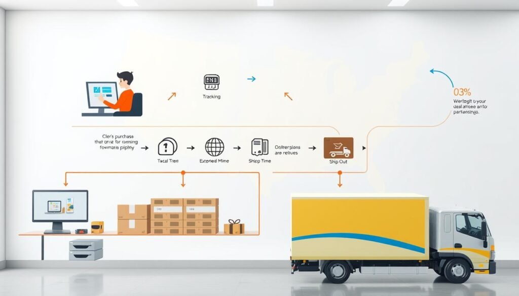 A detailed infographic illustrating the process of purchasing and forwarding packages in the USA. The foreground shows a sequence of steps: a customer placing an order on a computer, a package being received at a warehouse, and a delivery truck preparing to ship it out. The middle layer features icons representing tracking and expedited shipping services. In the background, a stylized map of the USA with arrows indicating shipment routes and estimated delivery times. The lighting is bright, with a clean, professional atmosphere. Use a modern, sleek design to convey efficiency and speed, shot from an eye-level angle to emphasize clarity and accessibility.