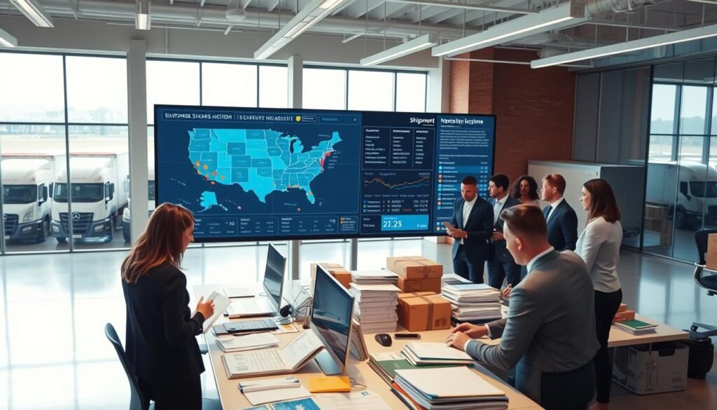 A modern logistics office interior, bustling with activity. In the foreground, a diverse group of professionals in business attire collaborates over a large digital display showing a shipment tracking map of U.S. delivery routes, with real-time updates and statistics. The middle layer features sleek desks cluttered with shipping paperwork, packages ready for dispatch, and a well-organized filing system. In the background, large windows flood the space with natural light, offering a view of delivery trucks parked outside, hinting at a busy operation. The atmosphere is one of efficiency and teamwork, conveying a sense of safety and reliability in logistics. The lighting is bright yet warm, creating an inviting sense of professionalism and dedication to secure transactions.