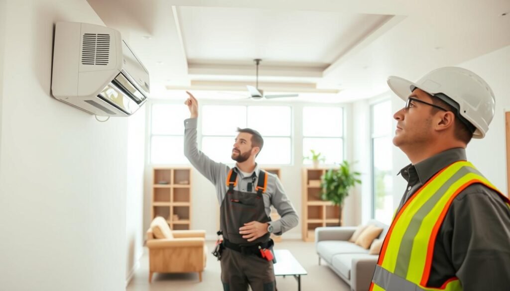 A professional air conditioning technician examining the installation site for a split-type air conditioning unit inside a well-lit, modern living room. In the foreground, the technician, wearing a neat uniform and safety gear, inspects the wall where the indoor unit will be mounted. In the middle, a partially finished room showcases fresh paint, a modern ceiling design, and a few pieces of elegant furniture. The background features large windows allowing natural light to flood the space, creating a warm atmosphere. The scene captures a sense of professionalism and attention to detail, emphasizing the importance of proper preparation for air conditioning installation. Soft, diffused lighting highlights the technician's focused expression and the sleek interior design.