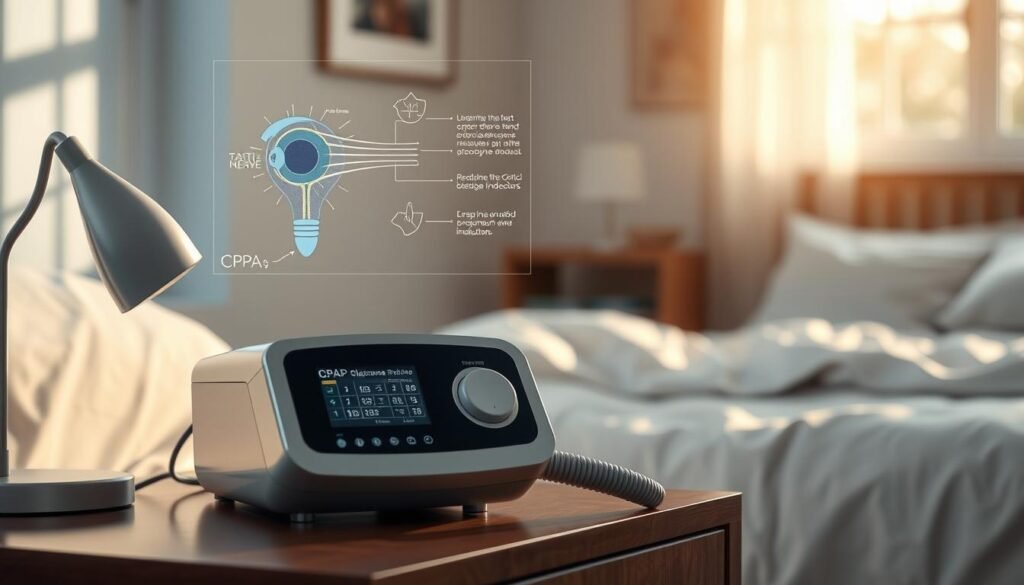 A visually striking illustration depicting the correlation between a CPAP machine and glaucoma risk. In the foreground, a sleek, modern CPAP machine with a clear, illuminated display sits on a bedside table, surrounded by a comfortable bedroom setting. In the middle ground, an infographic-style representation shows eye anatomy, specifically highlighting the optic nerve and pressure indicators, seamlessly integrating with medical diagrams. The background features a soft-focus bedroom with calming colors, evoking a peaceful atmosphere. Natural light streams through a window, casting gentle shadows that enhance the serene mood. The overall composition should convey an informative yet soothing environment, suitable for a health-related article. The image should be professional and polished, free of any text or embellishments.
